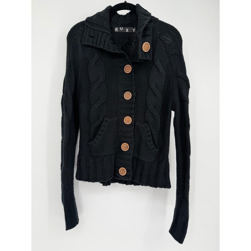 Roxy Womens Black Cable Knit Button Front Cardigan Sweater Shawl Collar XL